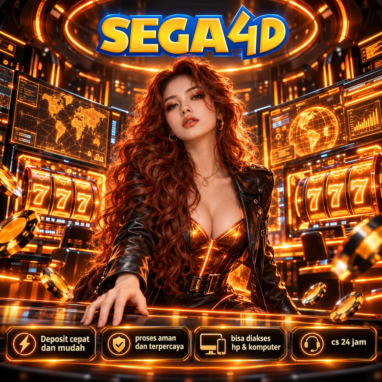 Materi visual SEGA4D bernuansa oranye dengan layar futuristis dan efek lampu.